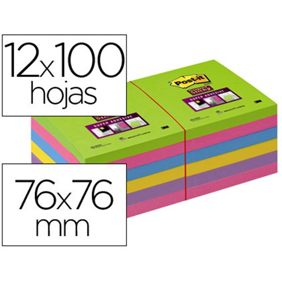 Bloc De Notas Adhesivas Quita Y Pon Post-It Super Stick Ultra 76X76 Mm Pack De 12 Bloc Verde Rosa Amarilla