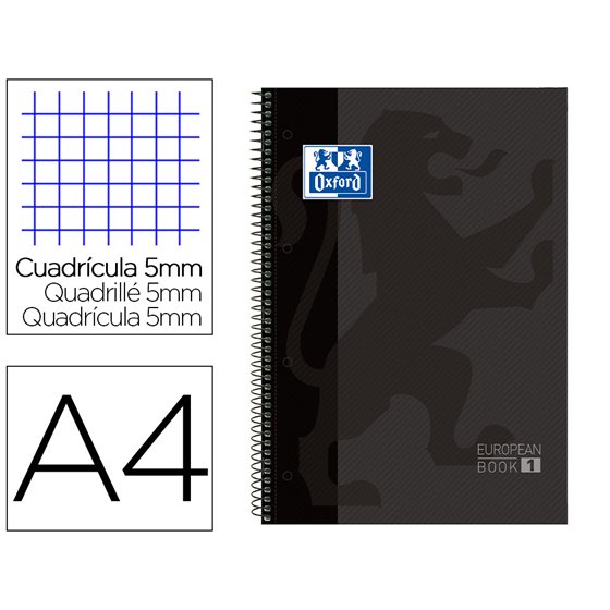 Bloc Espiral Oxford European Book Tapa Extradura Din A4 80 Hojas Cuadricula 5 Mm Color Gris