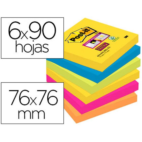 Bloc De Notas Adhesivas Quita Y Pon Post-It Super Sticky 76X76 Mm Con 90 Hojas Pack De 6 Bloc Colores Surtidos