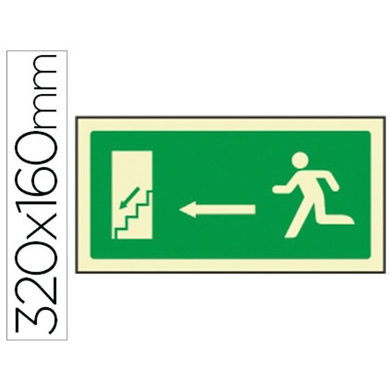 Pictograma Syssa Señal De Salida Emergencia Izquierda Escalera Bajando En Pvc Fotoluminiscente 320X160 Mm