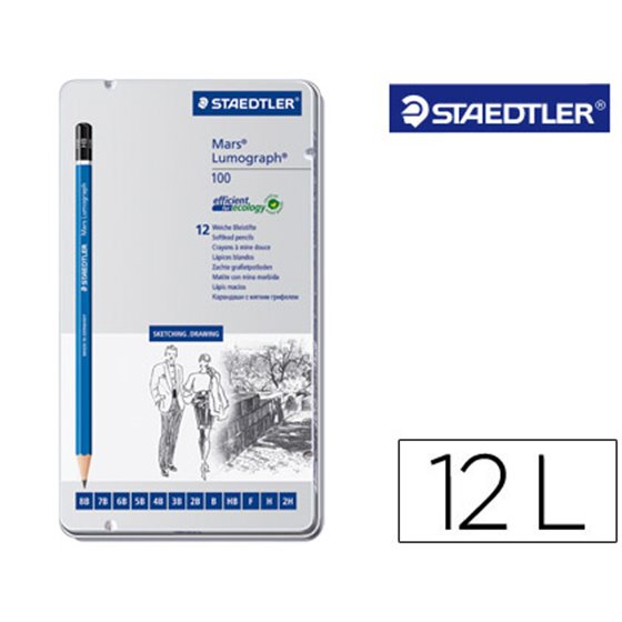 Lapices De Grafito Staedtler Mars Lumograph 100 Caja Metalica De 12 Lapices 8B- 7B-6B-5B-4B-3B-2B-B-Hb-F-H-2H