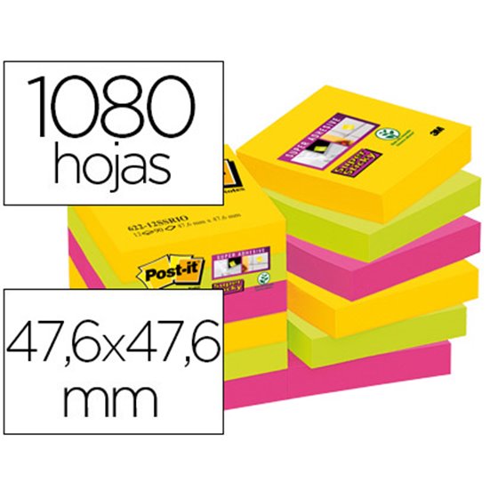 Bloc De Notas Adhesivas Quita Y Pon Post-It Super Sticky 47,6X47,6 Mm Con 90 Hojas Pack De 12 Bloc Colores