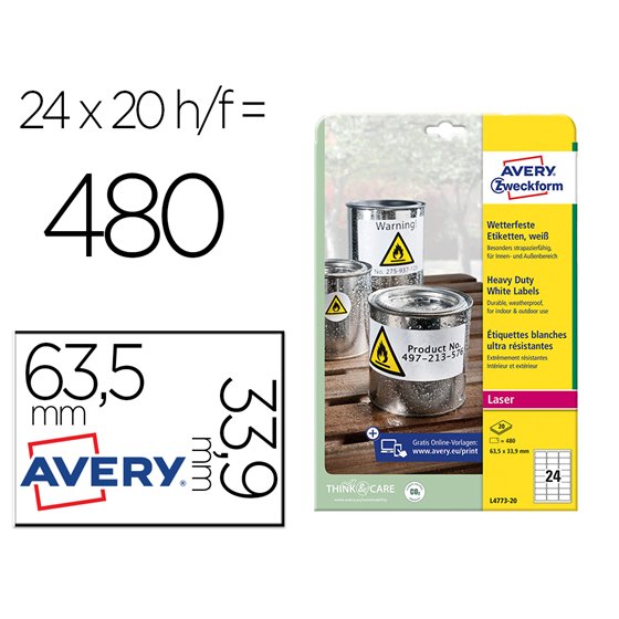 Etiqueta Adhesiva Resistente Avery Poliester Blanco 3,9 Mm 63,5X33,9 Mm Laser Pack De 480Unidades
