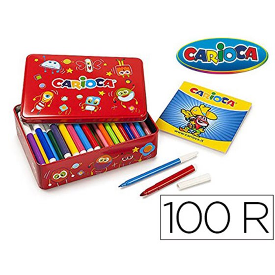 Rotulador Carioca Color Kit Caja Metalica De 100 Unidades Surtidas + Album Colorear