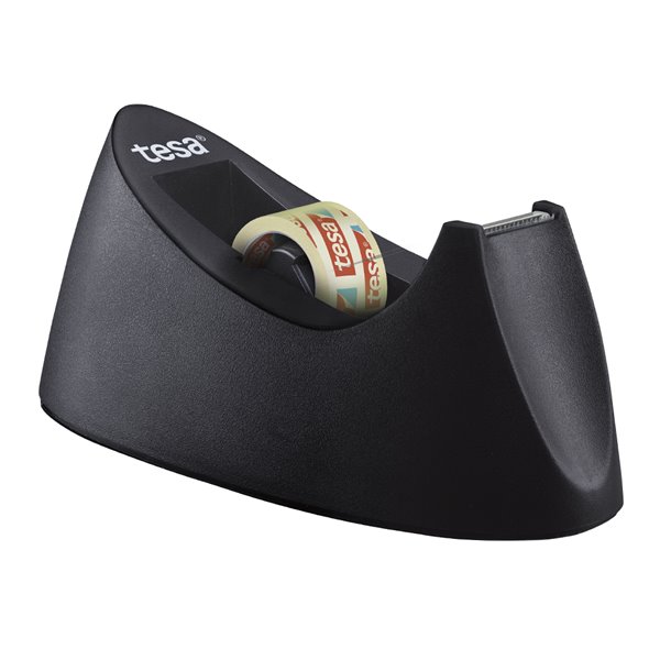 Portarrollo Sobremesa Tesa Plastico Easy Cut Curve Negro Para Cinta De 33 Mt X19 Mm + 1 Cinta Tesafilm Transparente