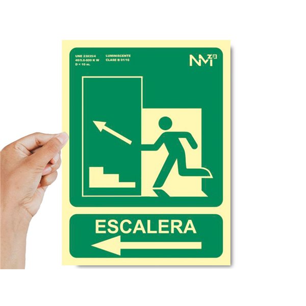 Pictograma Archivo 2000 Salida Emergencia Escalera Sube Izquierda Pvc Verde Luminiscente 224X300 Mm