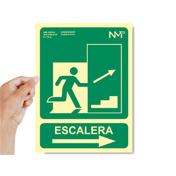 Pictograma Archivo 2000 Salida Emergencia Escalera Sube Derecha Pvc Verde Luminiscente 224X300 Mm