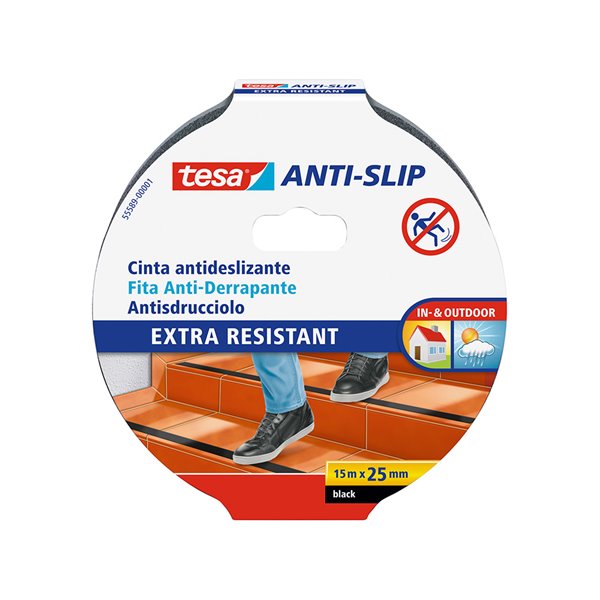 Cinta Antideslizante Adhesiva Tesa Uso Interior / Exterior Color Negro 15 Mt X 25 Mm
