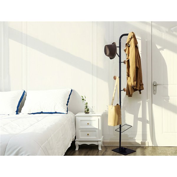 Perchero Metalico Q-Connect Negro Con Detalles De Madera 6 Colgadores Y Paraguero 174X28,5 Cm