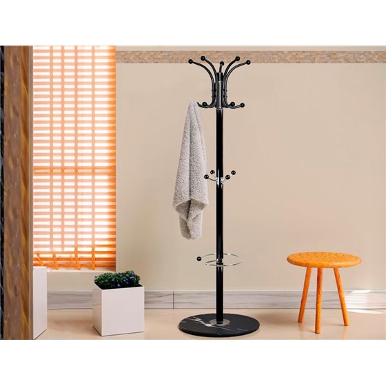 Perchero Metalico Q-Connect Negro De Pie 10 Colgadores Y Paraguero 174X40 Cm