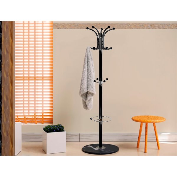 Perchero Metalico Q-Connect Negro De Pie 10 Colgadores Y Paraguero 174X40 Cm