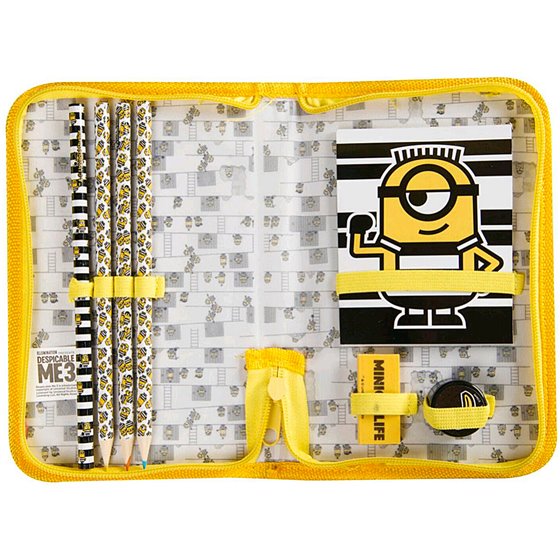 Bolso Portatodo Con Cremallera Minions Con Libreta Goma Sacapuntas Y Lapices Colores