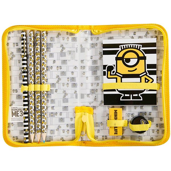 Bolso Portatodo Con Cremallera Minions Con Libreta Goma Sacapuntas Y Lapices Colores
