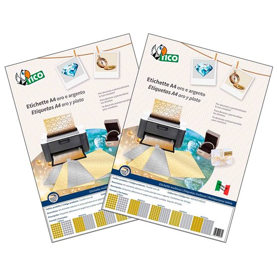 Etiqueta Adhesiva Tico Papel Satinado Oro / Plata Laser Medidas Surtidas Caja De 626 Unidades