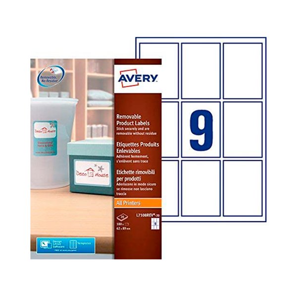 Etiqueta Adhesiva Avery Removible Para Impresora Laser Inyeccion Tinta Fotocopiadora Blanca 62X89 Mm