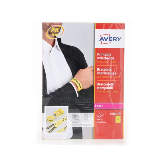 Pulsera Identificativa Avery Polietileno Amarillo Fluorescente Imprimible Laser 265X18 Mm Pack De 50 Unidades
