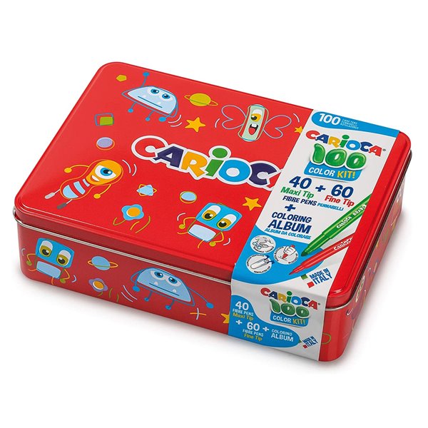 Rotulador Carioca Color Kit Caja Metalica De 100 Unidades Surtidas + Album Colorear