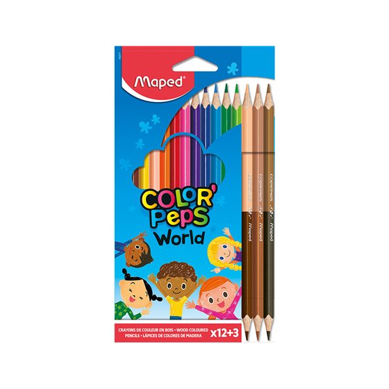 Lapices De Colores Maped Color Peps World Caja De 12 Colores Surtidos + 3 Duo Tonos De Piel
