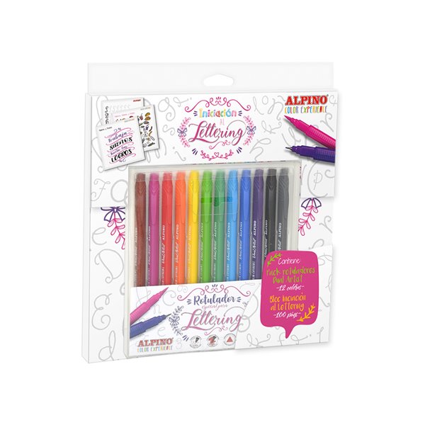 Set De Dibujo Alpino Iniciacion Al Lettering 12 Rotuladores Punta Fina Y Punta Pincel Colores Surtidos