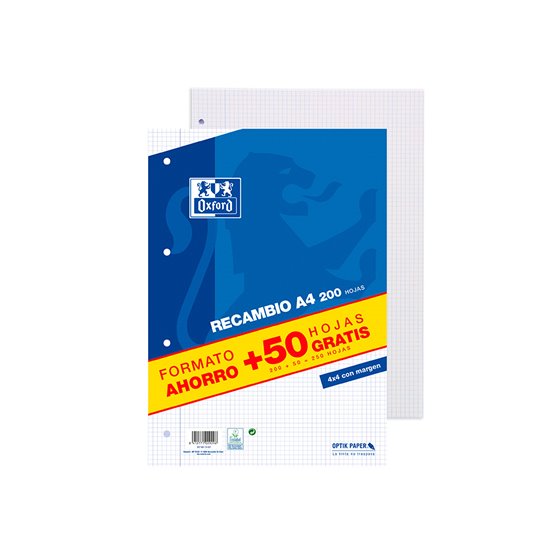 Recambio Oxford Din A4 200 + 50 Hojas Gratis Cuadro 4 Mm Con Margen