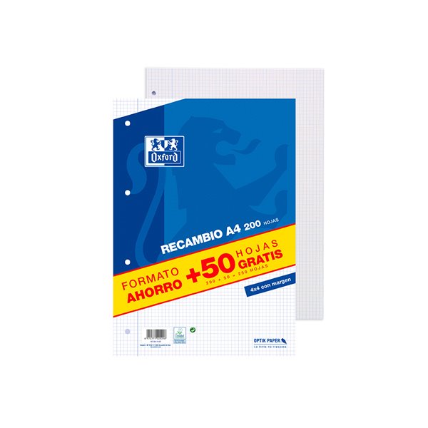 Recambio Oxford Din A4 200 + 50 Hojas Gratis Cuadro 4 Mm Con Margen