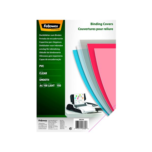 Tapa De Encuadernacion Fellowes Din A4 Pvc 150 Micras Transparente Pack De 100 Unidades