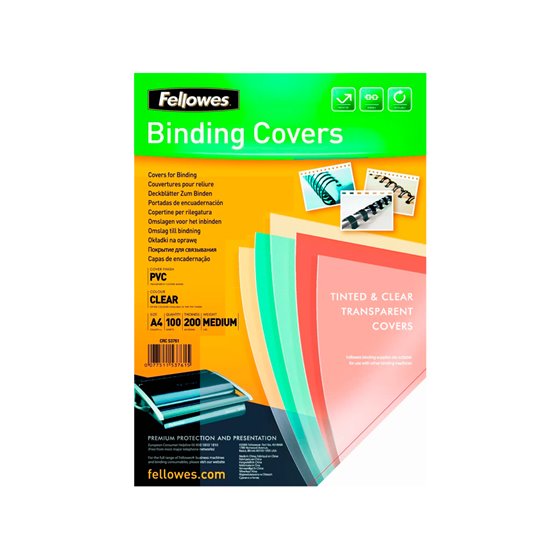 Tapa De Encuadernacion Fellowes Din A4 Pvc Transparente Cristal 180 Micras Pack De 100 Unidades