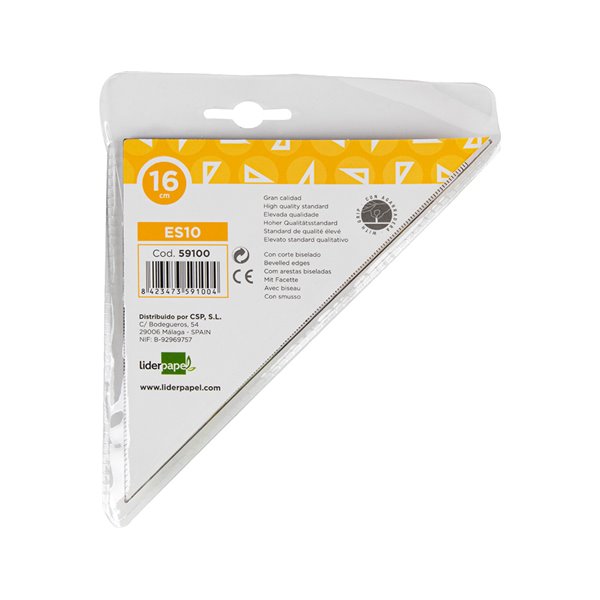 Escuadra Liderpapel Geometria 16 Cm Plastico Cristal Con Pestaña De Sujeccion