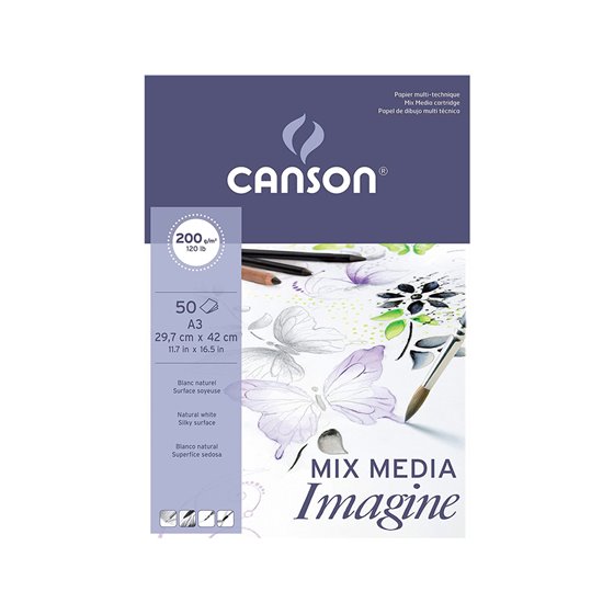 Bloc Dibujo Multitecnicas Canson Imagine Din A3 Encolado Liso 29,7X42 Cm 50 Hojas 200 Gr