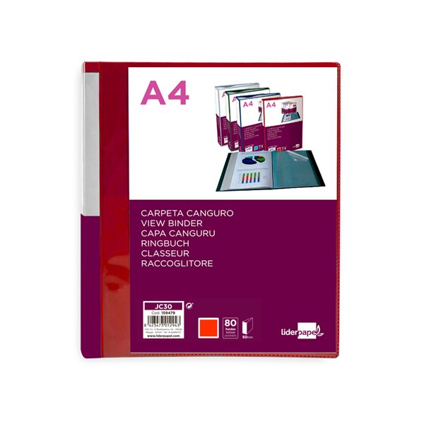 Carpeta Liderpapel 80 Fundas Canguro Pp Din A4 Rojo Translucido Portada Y Lomo Personalizable