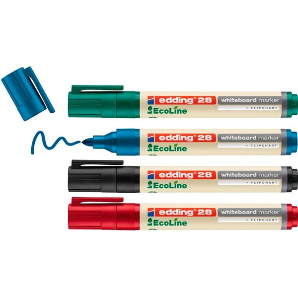 Rotulador Edding 28 Para Pizarra Blanca Ecoline 90% Reciclado Bolsa 4 Colores Surtidos Punta Redonda 1,5-3