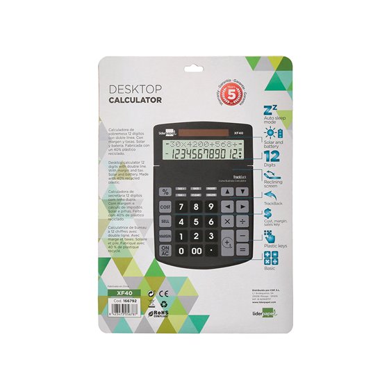 Calculadora Liderpapel Sobremesa Xf40 12 Digitos Dos Lineas Solar Y Pilas Negro 175X120X30 Mm 40% Reciclada
