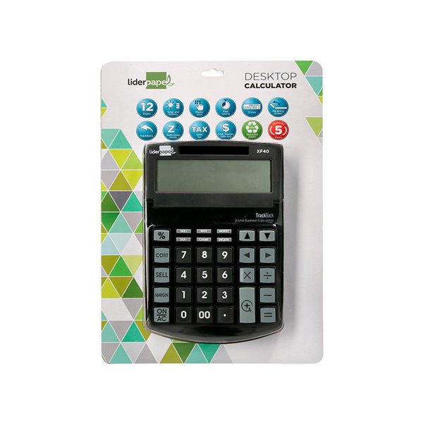 Calculadora Liderpapel Sobremesa Xf40 12 Digitos Dos Lineas Solar Y Pilas Negro 175X120X30 Mm 40% Reciclada