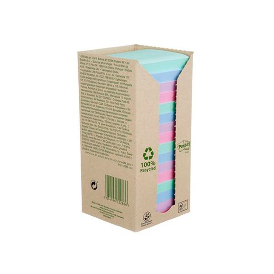 Bloc De Notas Adhesivas Quita Y Pon Post-It 76X76 Mm 100% Reciclado Pefc En Torre Pack De 16 Unidades Colores