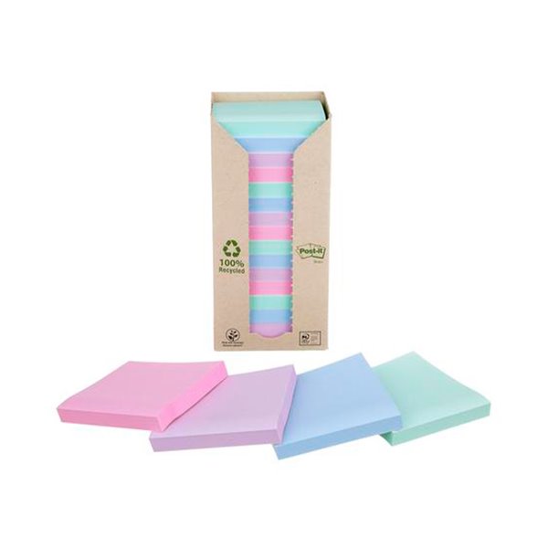 Bloc De Notas Adhesivas Quita Y Pon Post-It 76X76 Mm 100% Reciclado Pefc En Torre Pack De 16 Unidades Colores