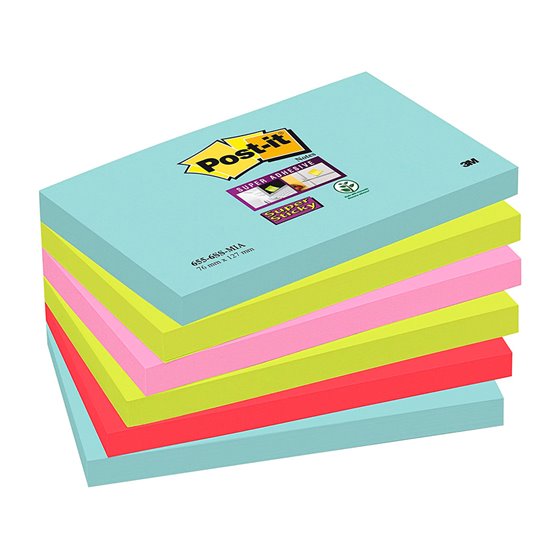 Bloc De Notas Adhesivas Quita Y Pon Post-It Super Sticky 76X127 Mm Con 90 Hojas Pack De 6 Unidades Colores Miami
