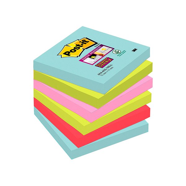 Bloc De Notas Adhesivas Quita Y Pon Post-It Super Sticky 76X76 Mm Con 90 Hojas Pack De 6 Unidades Colores Miami