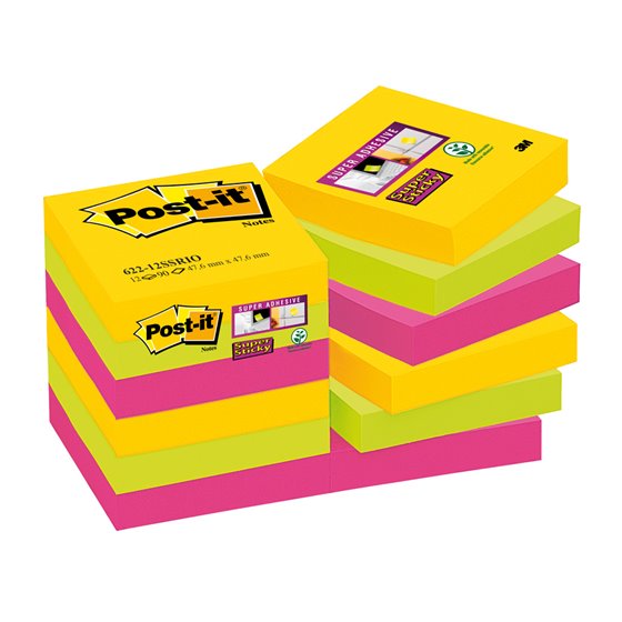 Bloc De Notas Adhesivas Quita Y Pon Post-It Super Sticky 47,6X47,6 Mm Con 90 Hojas Pack De 12 Bloc Colores