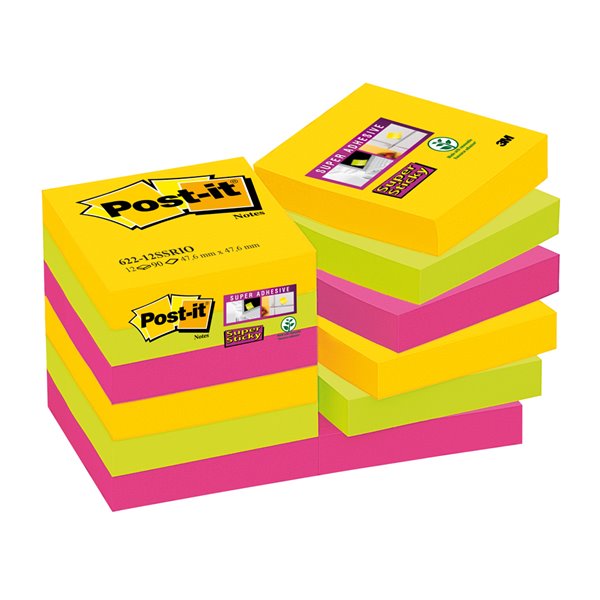 Bloc De Notas Adhesivas Quita Y Pon Post-It Super Sticky 47,6X47,6 Mm Con 90 Hojas Pack De 12 Bloc Colores
