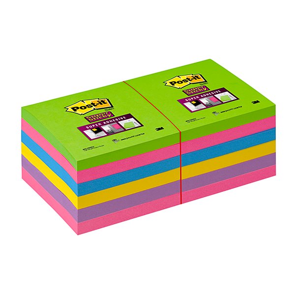 Bloc De Notas Adhesivas Quita Y Pon Post-It Super Stick Ultra 76X76 Mm Pack De 12 Bloc Verde Rosa Amarilla