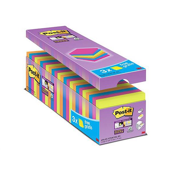 Bloc De Notas Adhesiva Quita Y Pon Post-It Super Sticky 76X76 Mm 90 Hojas Colores Surtidos Pack De 21 + 3