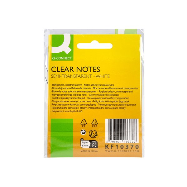 Bloc De Notas Adhesivas Quita Y Pon Q-Connect 76X76 Mm Removible Plastico Translucido Blanco 50 Hojas