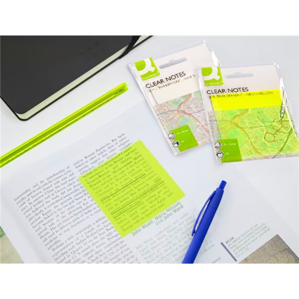 Bloc De Notas Adhesivas Quita Y Pon Q-Connect 76X76 Mm Removible Plastico Translucido Amarillo Neon Con 50 Hojas
