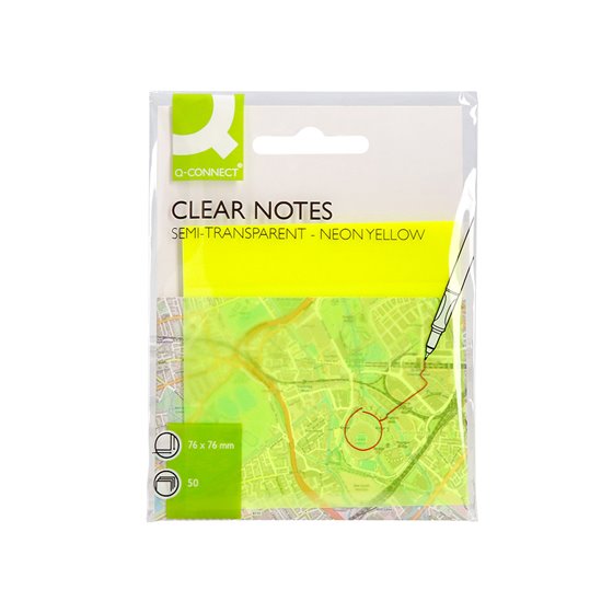 Bloc De Notas Adhesivas Quita Y Pon Q-Connect 76X76 Mm Removible Plastico Translucido Amarillo Neon Con 50 Hojas