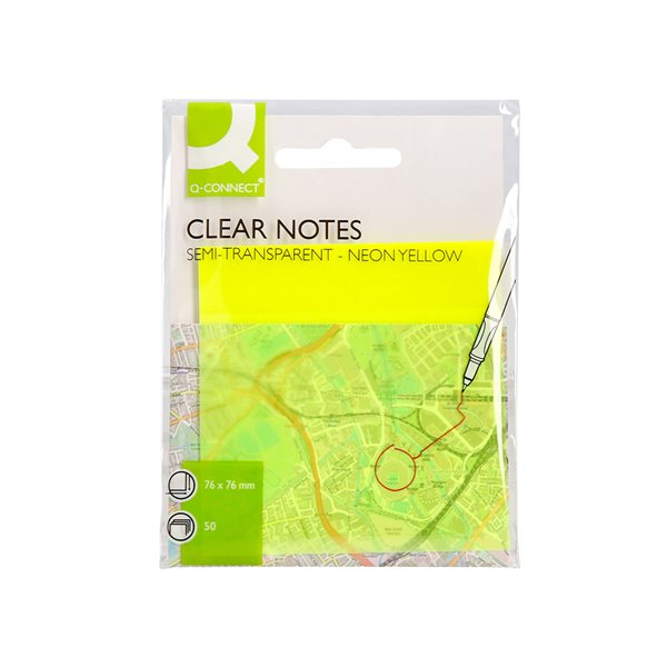 Bloc De Notas Adhesivas Quita Y Pon Q-Connect 76X76 Mm Removible Plastico Translucido Amarillo Neon Con 50 Hojas
