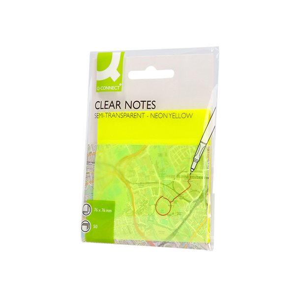 Bloc De Notas Adhesivas Quita Y Pon Q-Connect 76X76 Mm Removible Plastico Translucido Amarillo Neon Con 50 Hojas