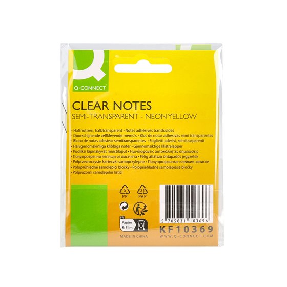 Bloc De Notas Adhesivas Quita Y Pon Q-Connect 76X76 Mm Removible Plastico Translucido Amarillo Neon Con 50 Hojas