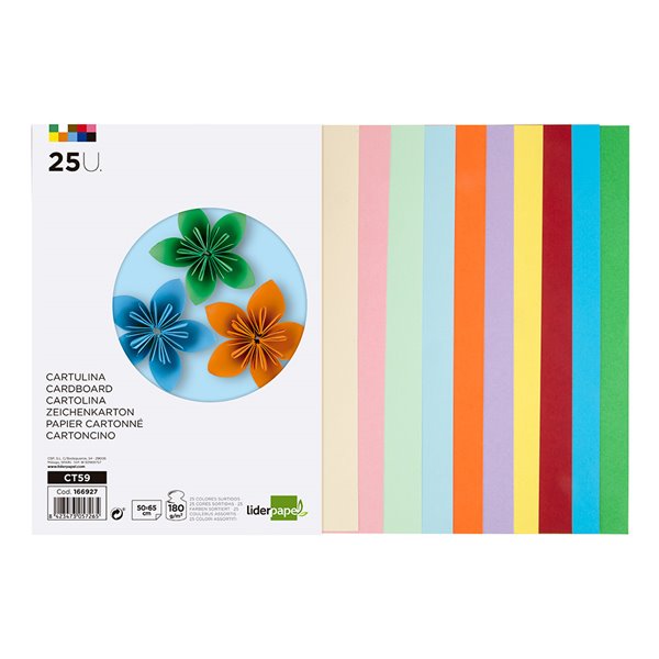 Cartulina Liderpapel 50X65 Cm 180G/M2 25 Colores Surtidos Paquete De 25 Hojas