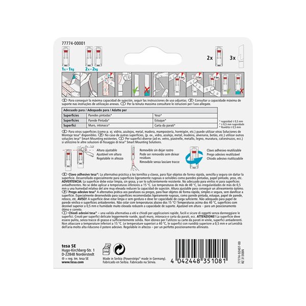 Clavo Autoadhesivo Tesa Sujecion Hasta 2 Kg Uso Paredes Pintadas Removible Blister De 2 Unidades