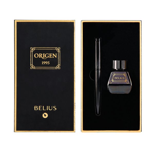 Pluma Y Frasco De Tinta Belius Origen 1995 Aluminio Textura Cepillada Color Negro Tinta Negra Caja Diseño